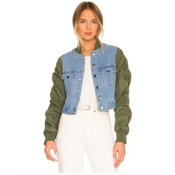 Veronica Beard Emelia Denim-Paneled Bomber Jacket Womens XS Green Blue